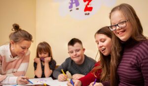 A photo of a group of students working together