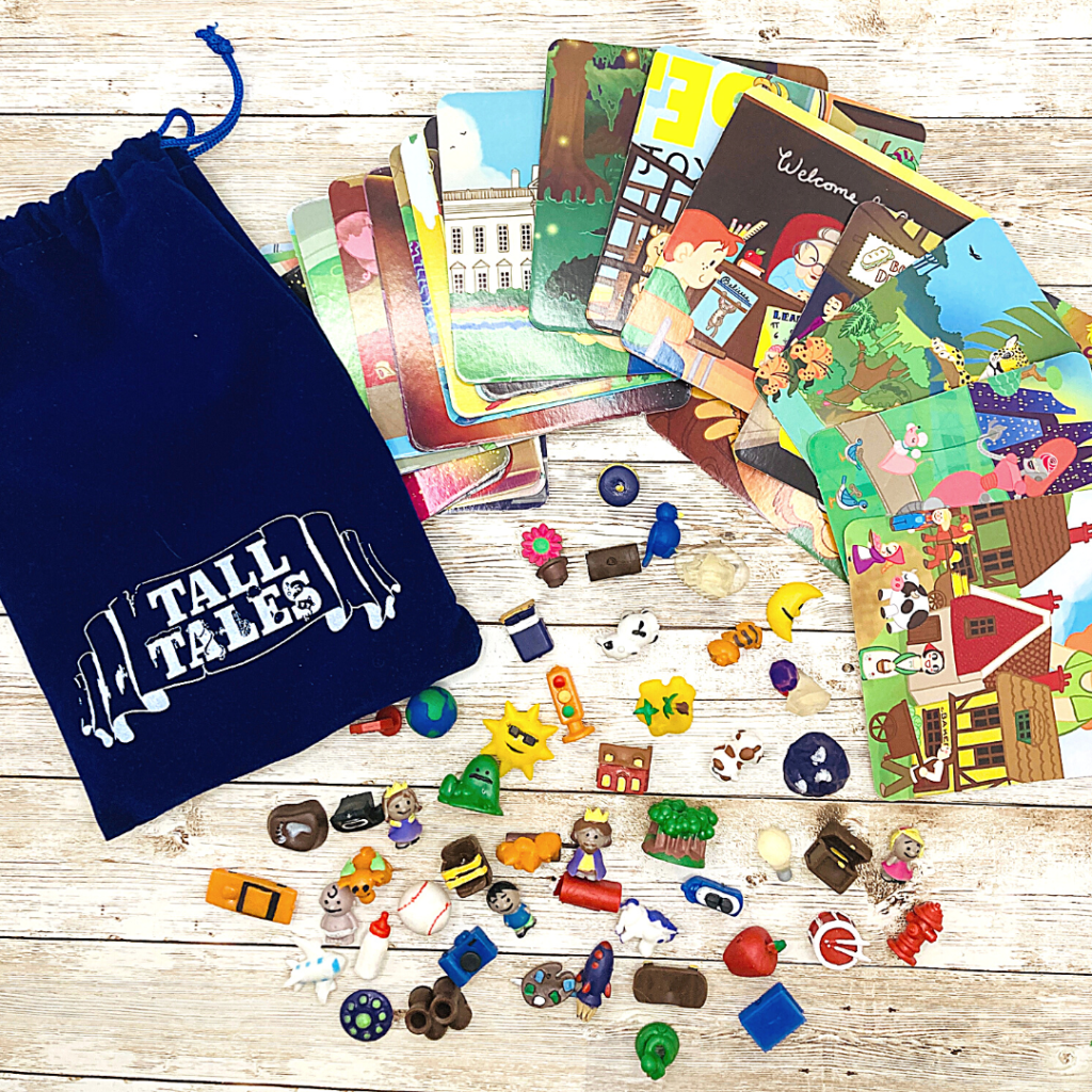 image shows a storytelling game with a drawstring bag, mini objects, and setting cards