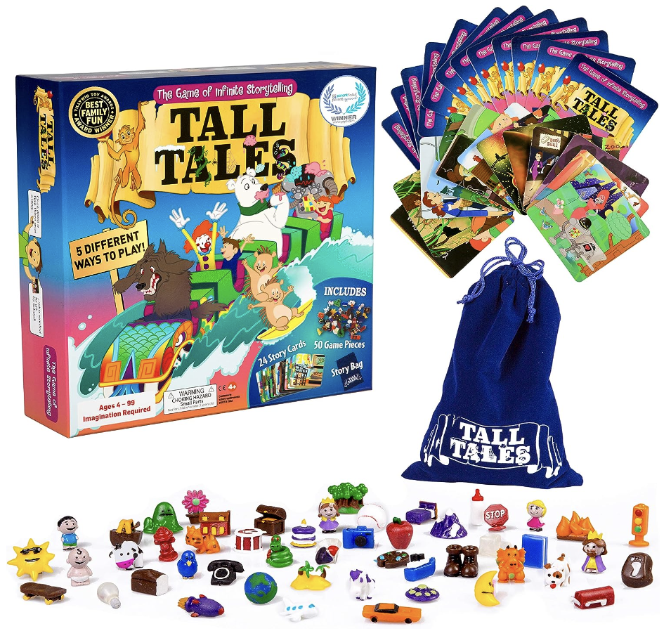 Image shows a colorful storytelling game with mini objects, setting cards, and a drawstring bag