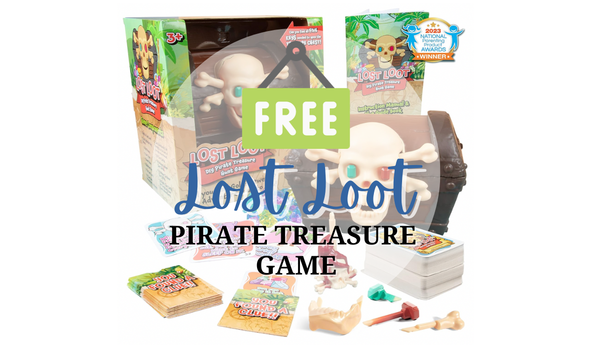 Image shows a pirate treasure chest, keys, and clue cards