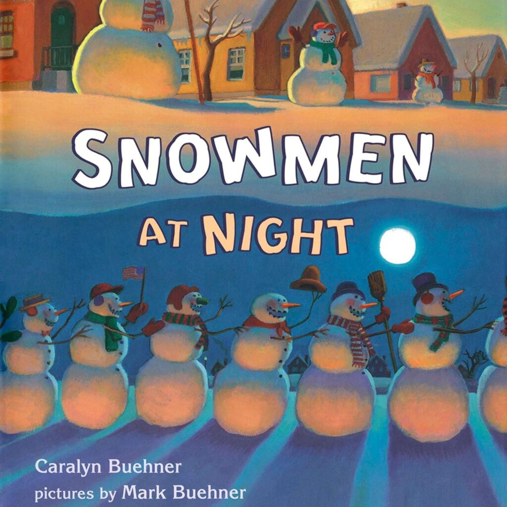 Image shows the cover of the book with Snowmen lined up at night