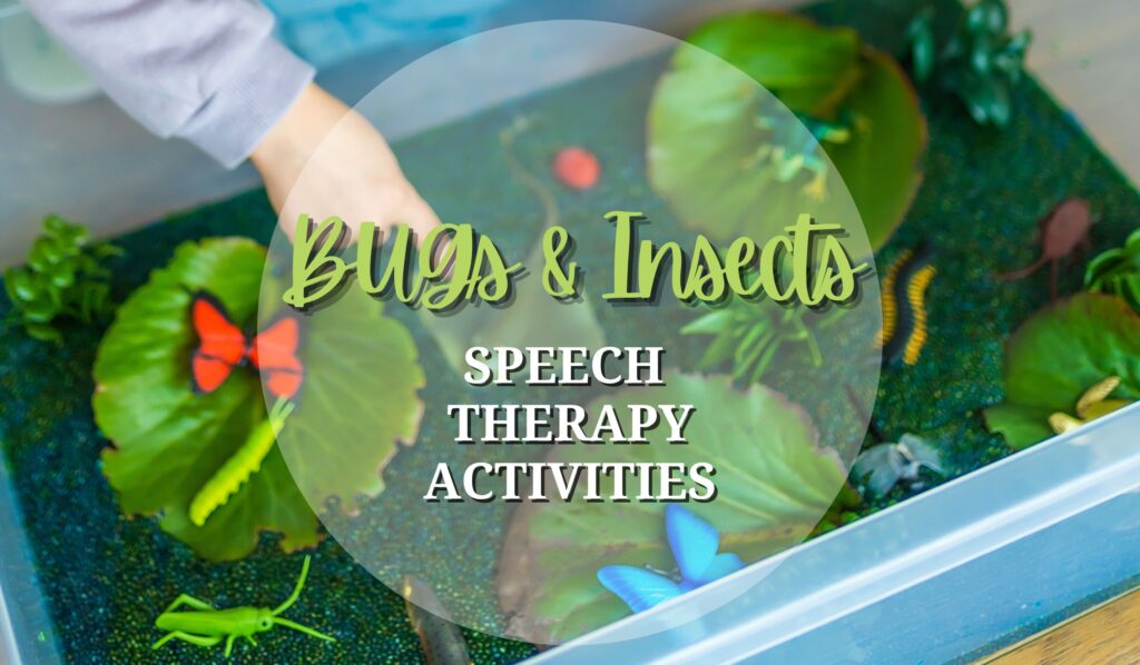 Title image shows a young child playing in a sensory bin with green rice and plastic bugs