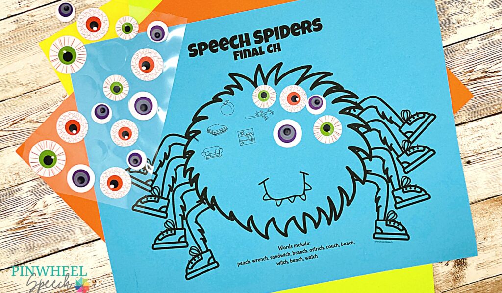Image shows a spider themed articulation practice worksheet with eyeball stickers
