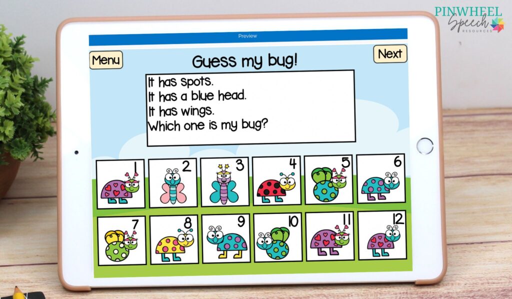 Image shows a Guess My Bug Boom Cards digital game on an ipad