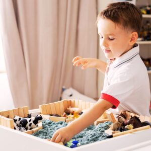 A boy playing with farm animals in a sensory bin