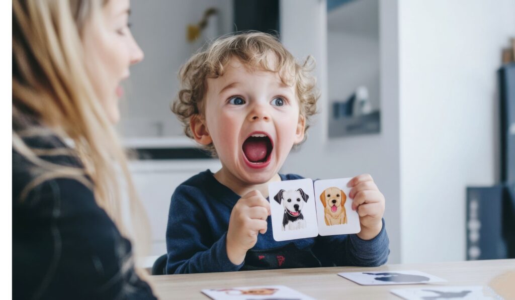 A young boy holding up two pictures of dogs.