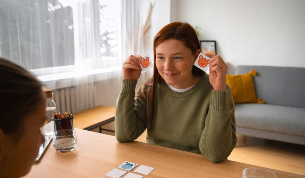 A therapist holding up two pictures for her student