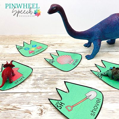 image shows a printable dinosaur stomp activity with toy dinosaura